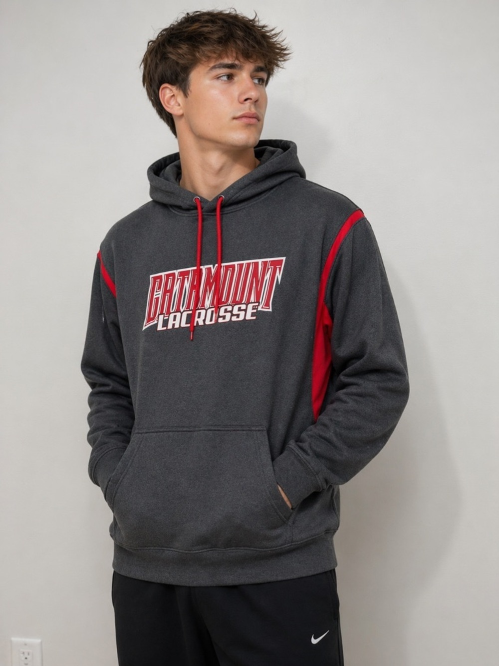 Sport tek Catamount Lacrosse Hoodie Gray Red Athletic Pullover Pocket Medium